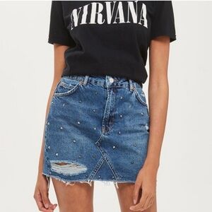 Topshop Studded Jean Mini Skirt Raw Hem Distressed Medium Wash Denim Size 2
